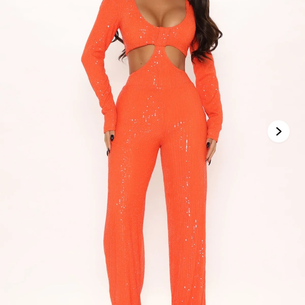 Fashion Nova Vibrant Orange Sequin Jumpsuit